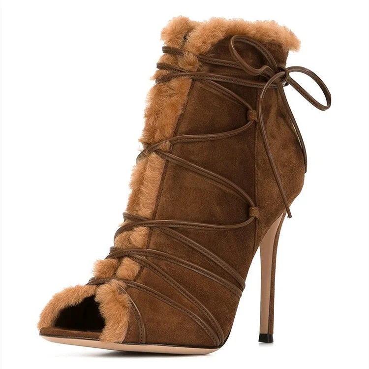 Brown Peep Toe Booties Lace-Up Faux Fur Trim Heeled Ankle Boots |FSJ Shoes