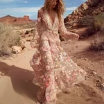 Women's Floral Embroidered Linen Blend Dress - Image 2