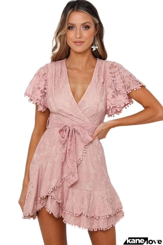 Flutter Sleeve Wrap V Neck Floral Lace Short Dress