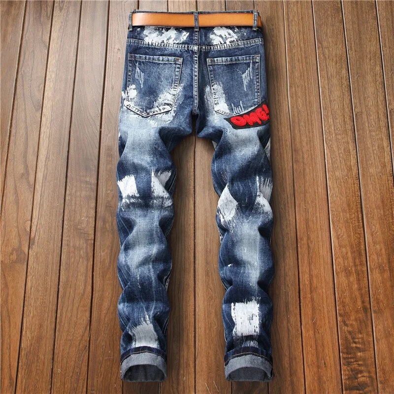2021 AUTUMN Winter Men's Patchwork Ripped Embroidered Stretch Jeans Trendy Holes Straight Denim Trouers