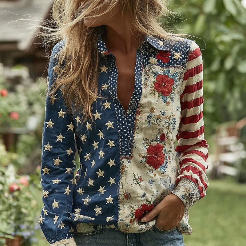  Women's Independence Day Flag & Floral Pattern Casual Shirt Westsshops