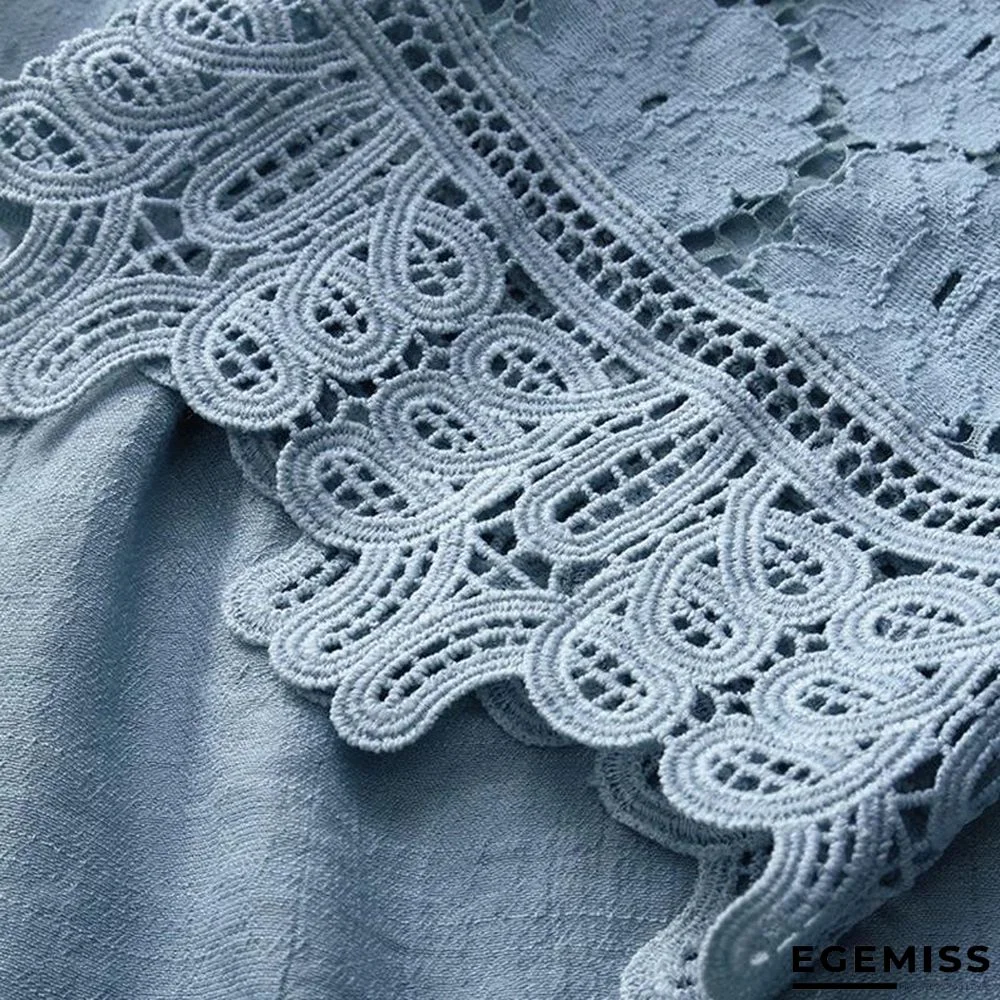 Large Size Women Dresses Mesh Lace Openwork Stitching Round Neck Pleated Dresses | EGEMISS