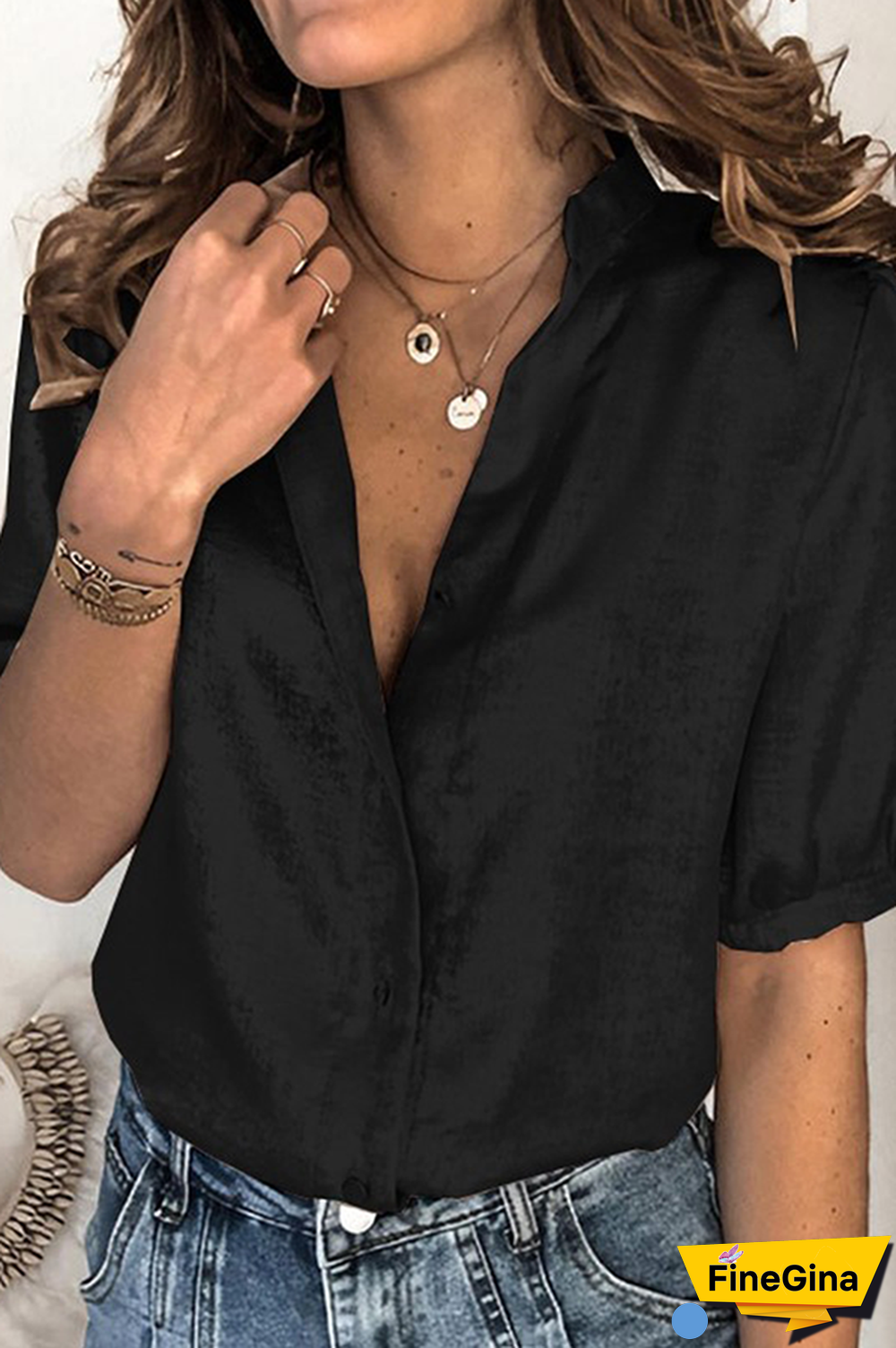 Fashion Casual Solid Split Joint Buckle O Neck Tops（3 Colors）