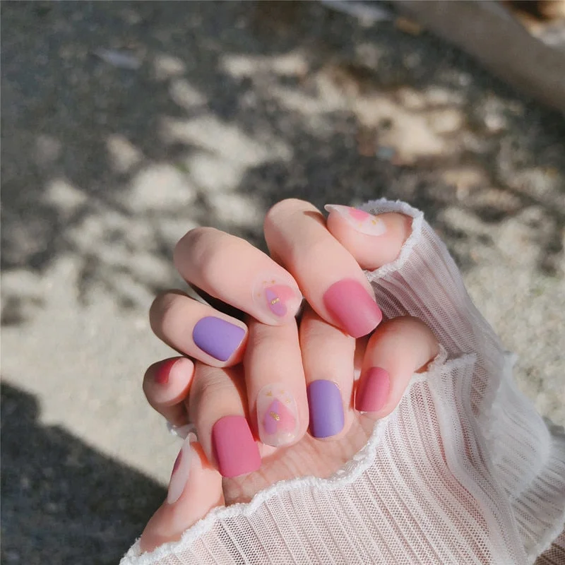 24pcs/set faux nails Accessories for women matte Pink False Nail with glue solid Color Short Square full cover press on nails-Nail Inspo