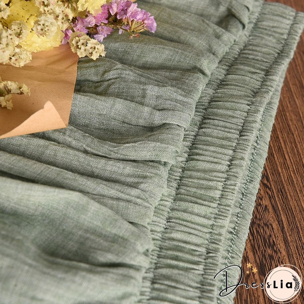 Women Cotton Linen Pleated Maxi Skirt Elastic Waist Vintage Solid Color Boho Beach Spring Summer Pleated Maxi Skirt