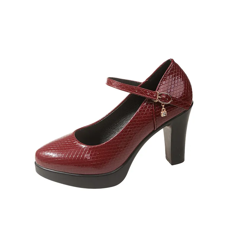 Breakj Breakj Mary Shoes Fashion Spring And Autumn Mid-Fashion Fashion Thick Heel Tip Buckle Waterproof Table Printing Surface Polyurethane