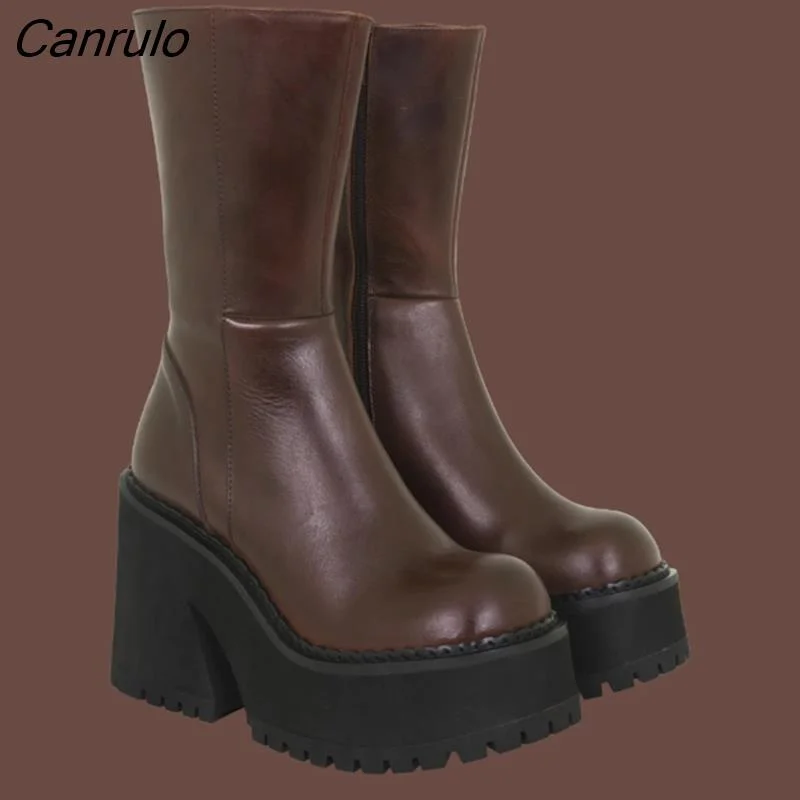 Canrulo Genuine Leather Ankle Boots Shoes Women Fashion Mid Calf Ankle Women Boots Female Winter INS Botas De Mujer Size 35-44