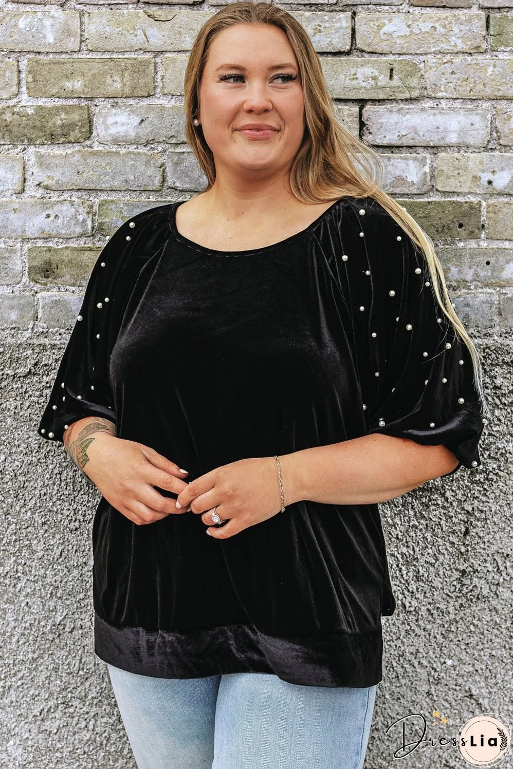 Black Pearl Embellished Puff Sleeve Velvet Plus Size Top