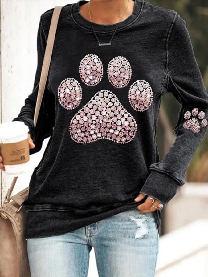 Women's Dog Paw Rhinestone Print Sweatshirt