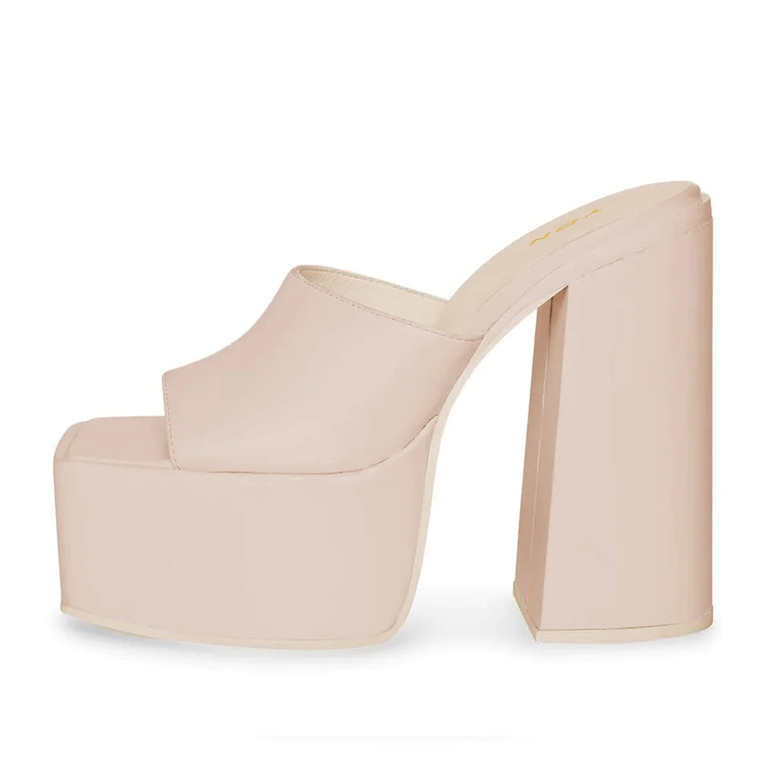 Beige Vegan Leather Square Toe Wide Band Block Heel Platform Mules