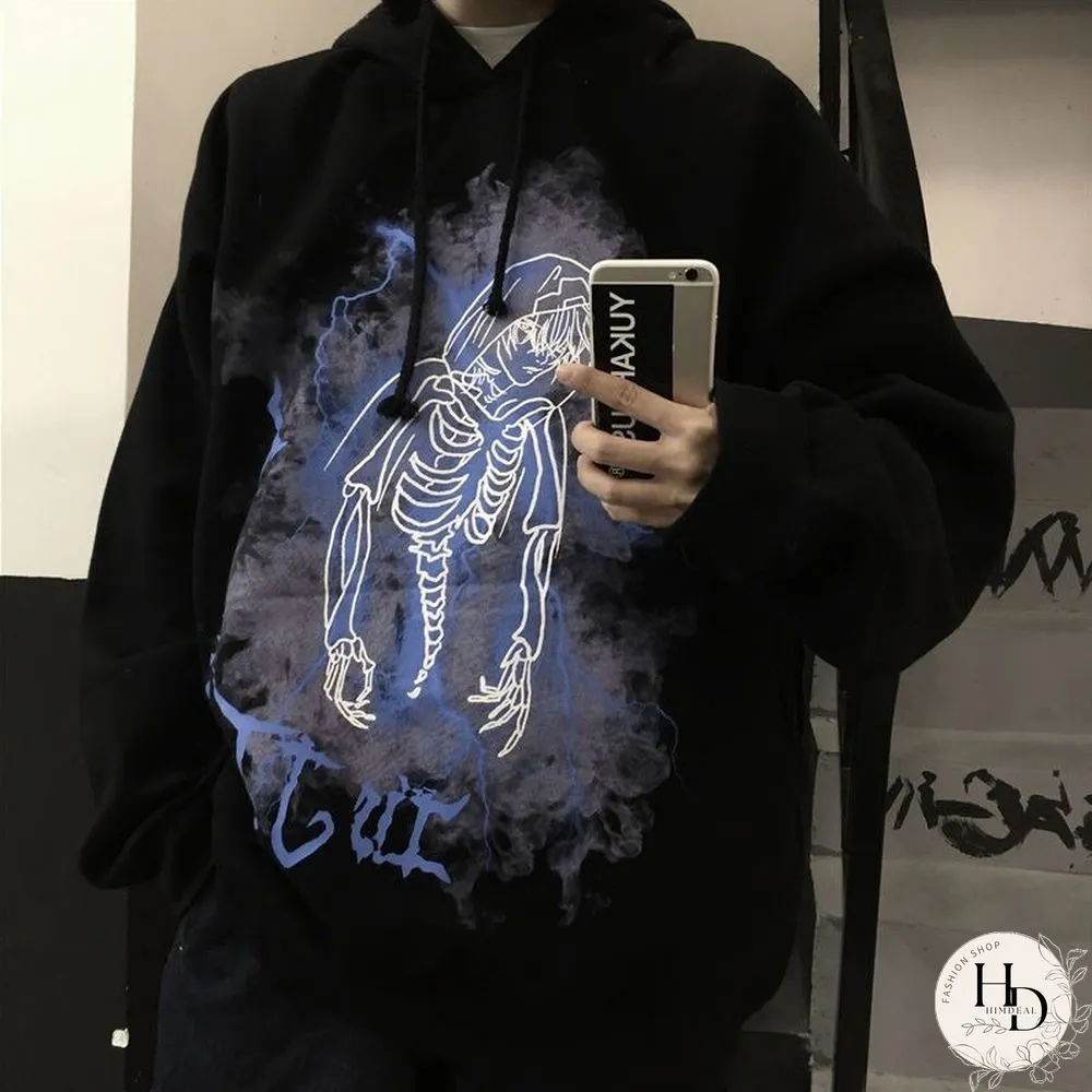 Punk Streetwear Black Printed Hoodies Women Harajuku Hip Hop Oversize Long Sleeve Pullover