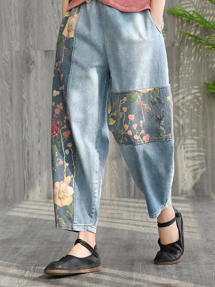 Casual Floral Patchwork Slant Pocket Washed Denim Harem Jeans