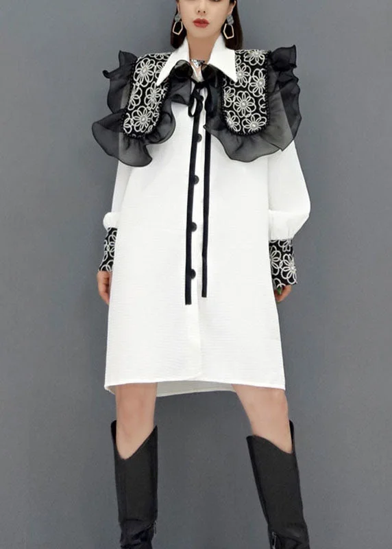 Cute White button Peter Pan Collar Lace Patchwork shirt Dresses