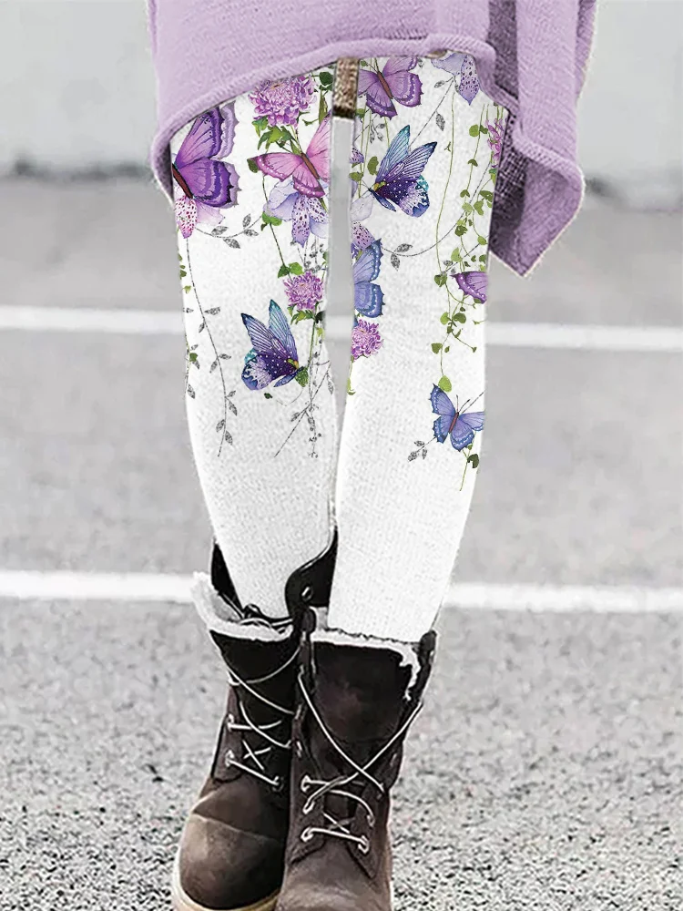 Purple Floral Butterfly Print Casual Cozy Stretch Leggings-mysite