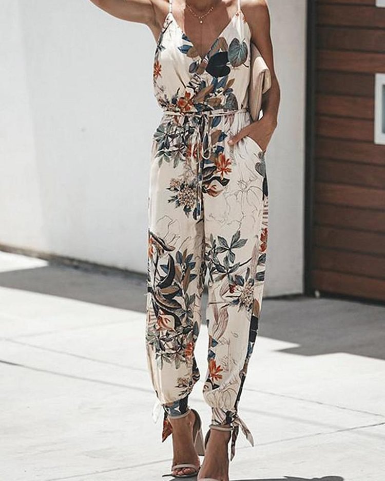 Printed sexy halter tether pocket sling V-neck jumpsuit