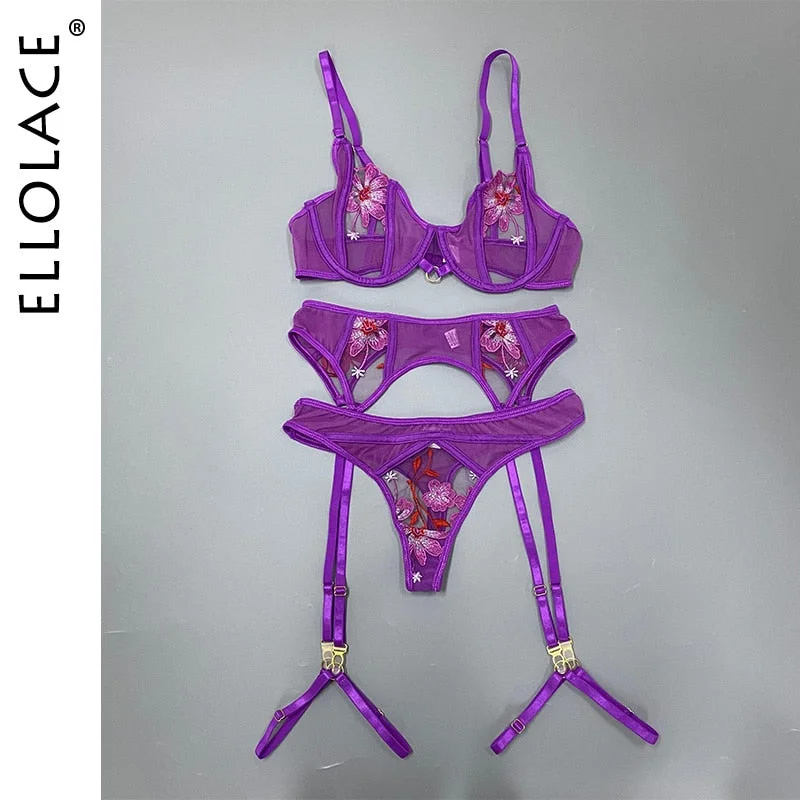 Ellolace Embroidery Lingerie Sexy Floral Lace 3-Piece Sensual Underwear Fancy Beautiful Short Skin Care Kits Corsage With Garter