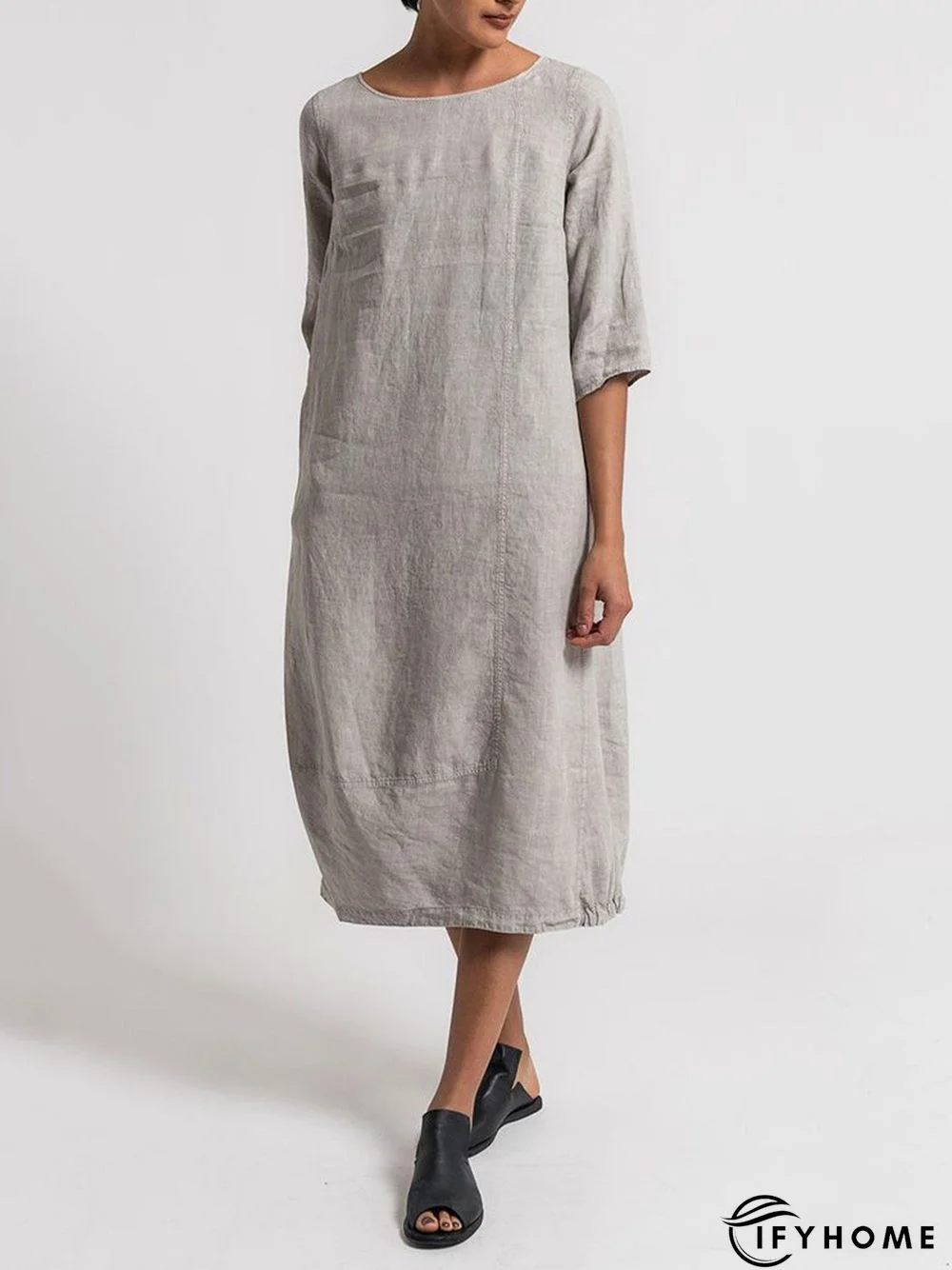 Crew Neck 3/4 Sleeve Casual Solid Casualdress | IFYHOME