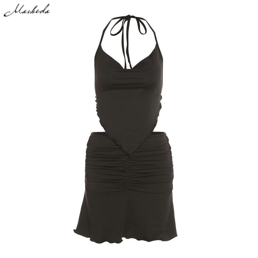 Macheda Solid Sexy Two Pieces Set Women Fashion Halter Lace Up Tank Top And High Waist Ruffle Skirt Outfit Lady Clothing 2021