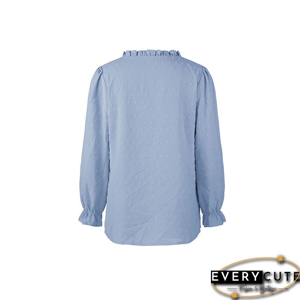 Light Blue Ruffle Detail Button V Neck Shirt