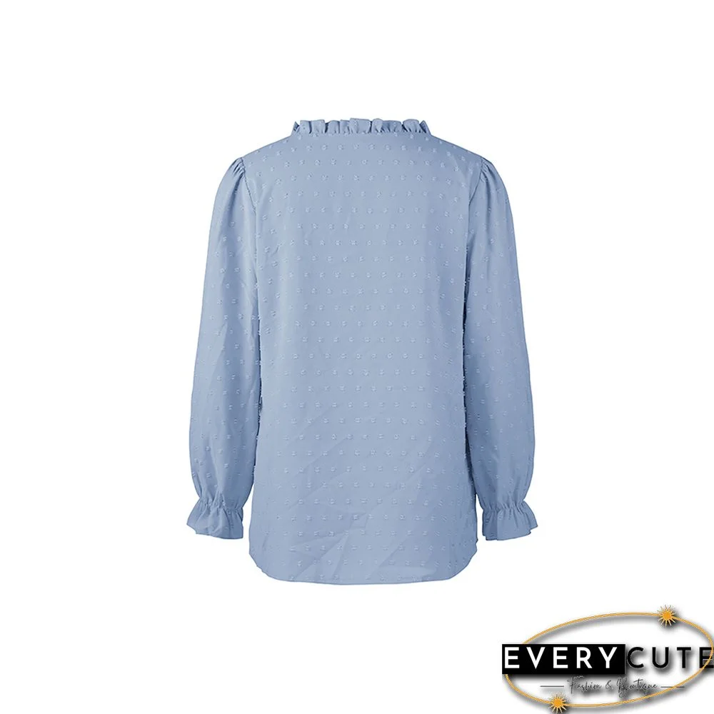 Light Blue Ruffle Detail Button V Neck Shirt