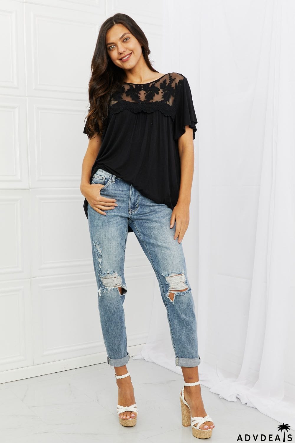 Culture Code Ready To Go Full Size Lace Embroidered Top in Black