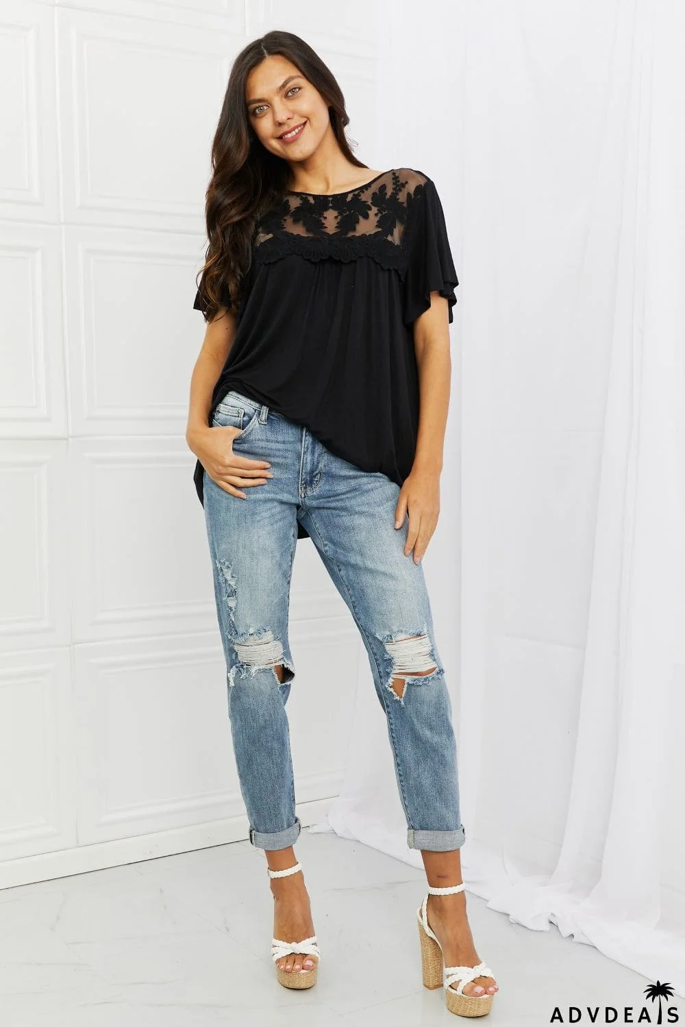 Culture Code Ready To Go Full Size Lace Embroidered Top in Black