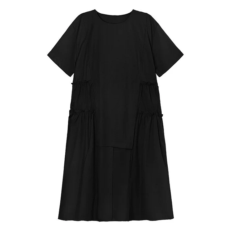 Stylish Loose Solid Color Round Neck Splicing Side Lacing Folds Pockets Half Sleeve Dress