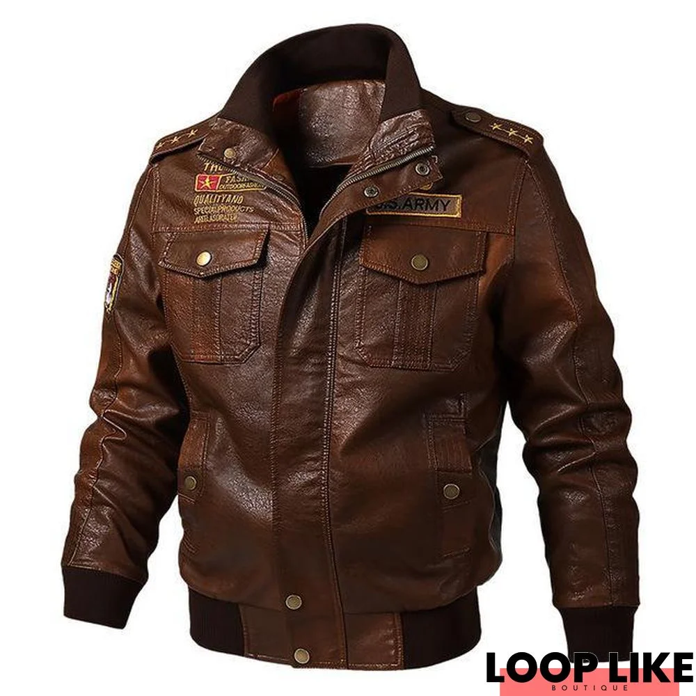Faux Leather Jacket Men Windproof Outwear Army Pilot Bomber Pu Leather Jacket Coat