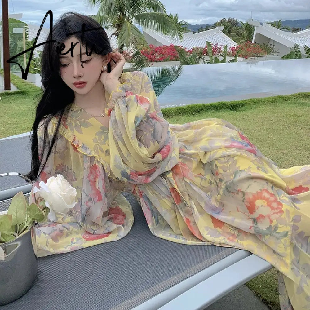 French Seaside Resort Maxi Dress Women Chiffon Puff Sleeve V Neck Floral Dress Female Vintage Elegant Print Long Beach Dress Aiertu