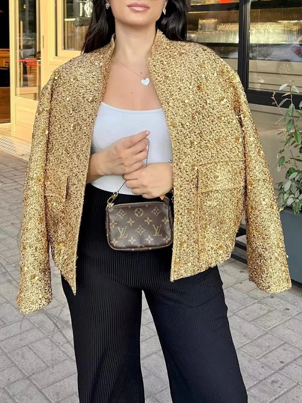 Elasticity Sequined Split-Joint Long Sleeves Loose Stand Collar Outerwear