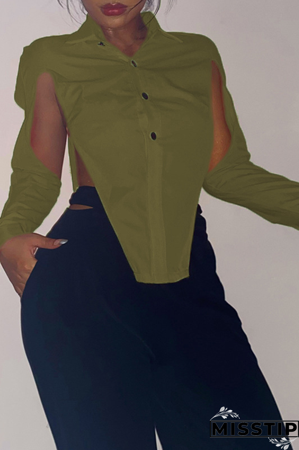 Grey Sexy Solid Hollowed Out Turndown Collar Tops