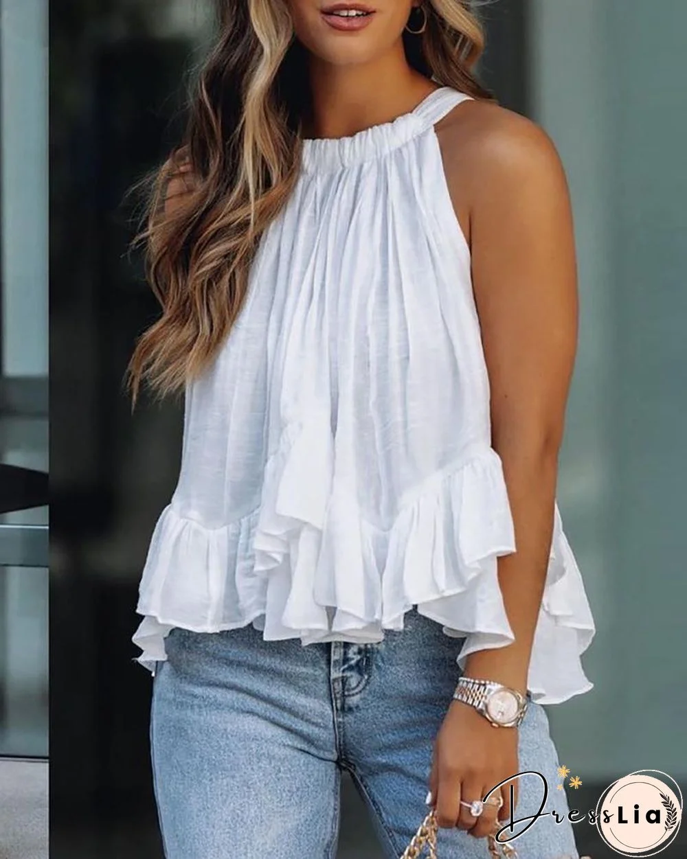 Halter Ruched Ruffles Sleeveless Casual Top P12243