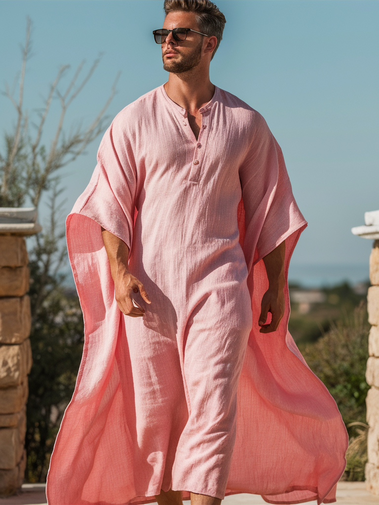 Linen Men's Pink Caftan Long Kaftan