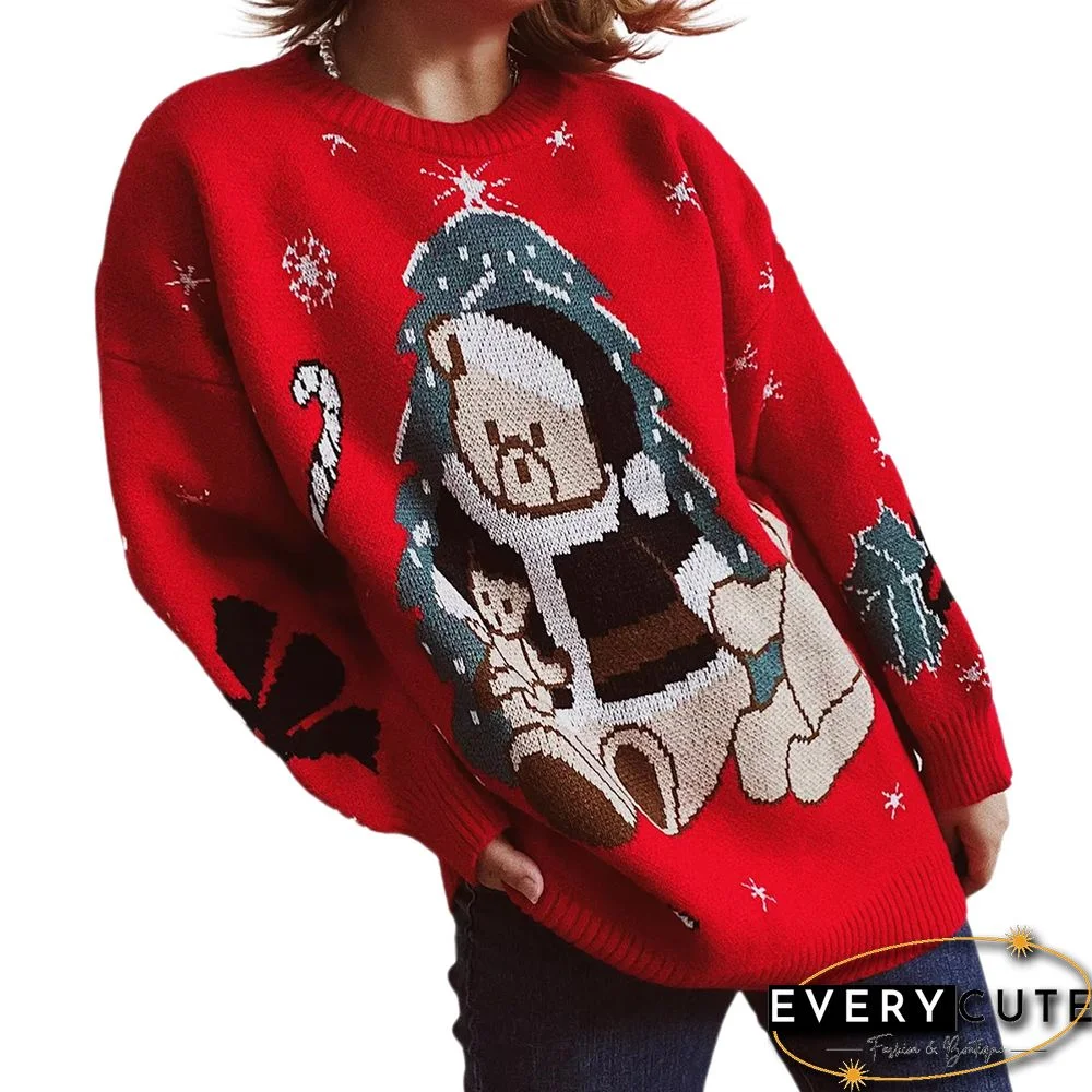 Red Christmas Bear Print Knit Pullover Sweater