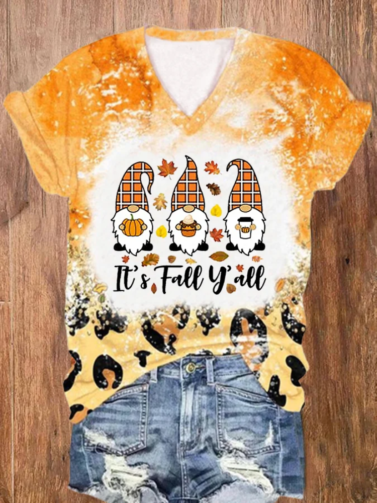 Women's It's Fall Y'all Cute Gnomes Pumpkin Spice Season Print V-Neck T-Shirt