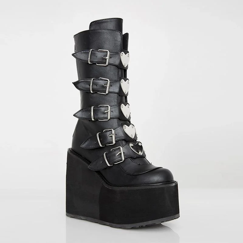 Leather Women Mid-Calf Boots Gothic Style Cool Punk Motorcycles Females Boot Platform Wedges High Heels Calf Boots Women's Shoes 1110