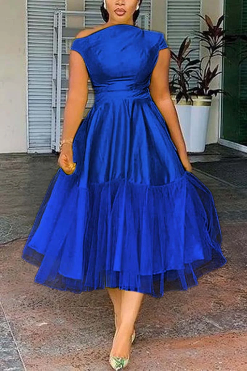 Xpluswear Plus Size Formal Gradient Blue Elegant Aline Solid Midi Dress