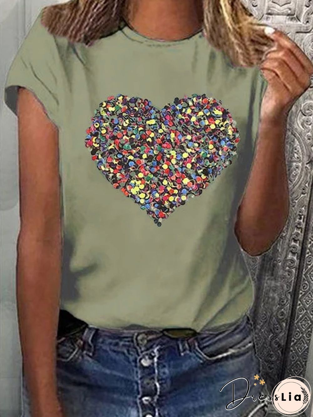 Plus Size Crew Neck Short Sleeve Vintage Cotton-Blend T-shirt