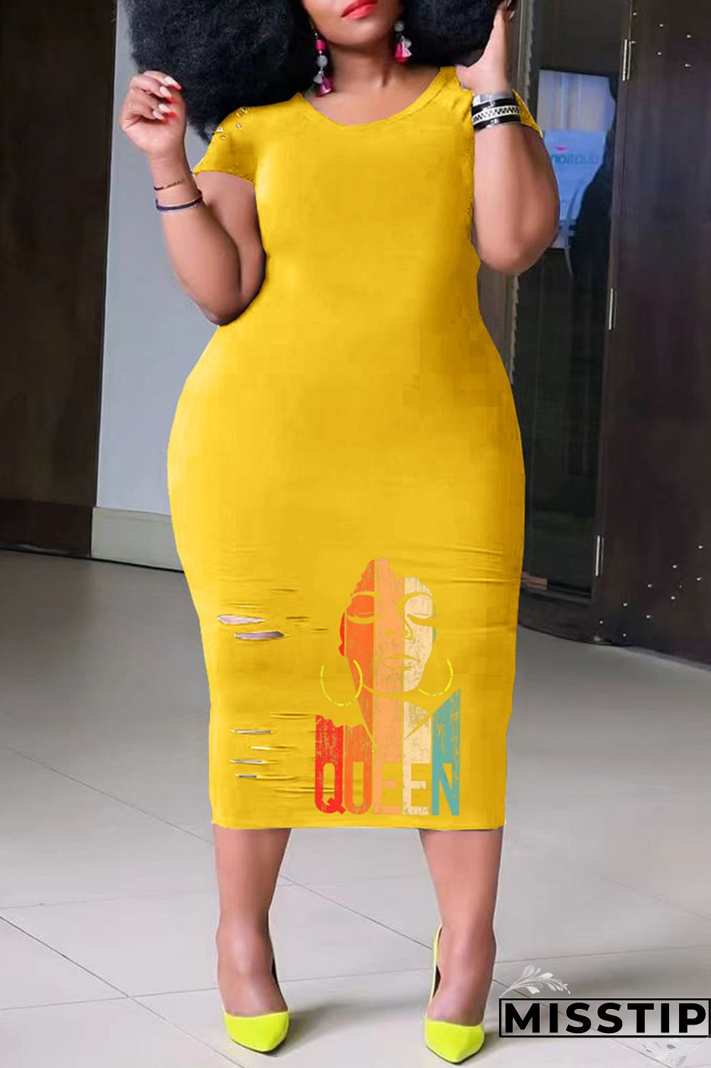 Black Casual Print Ripped O Neck Short Sleeve Dress Plus Size Dresses