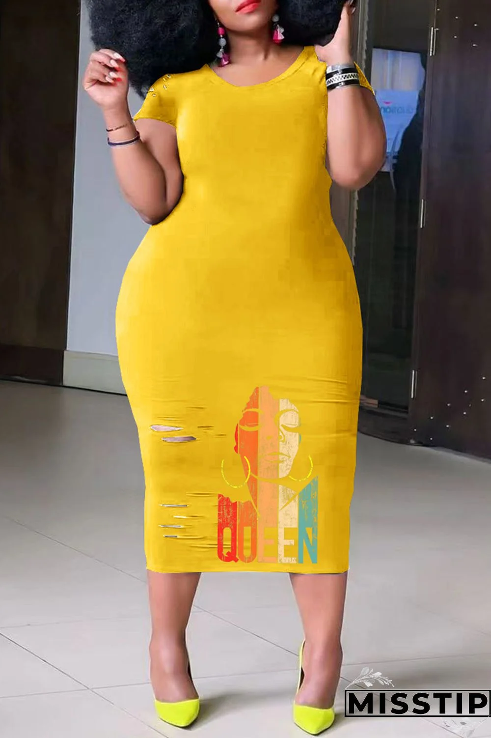 Black Casual Print Ripped O Neck Short Sleeve Dress Plus Size Dresses