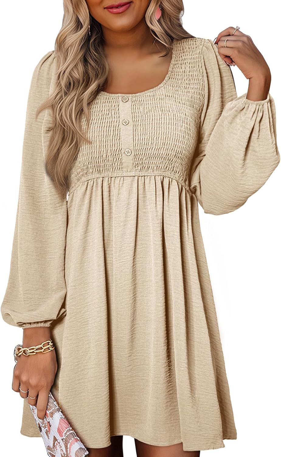 Mature Women Fashion Round Neck Button Long Sleeve High Waist Dress