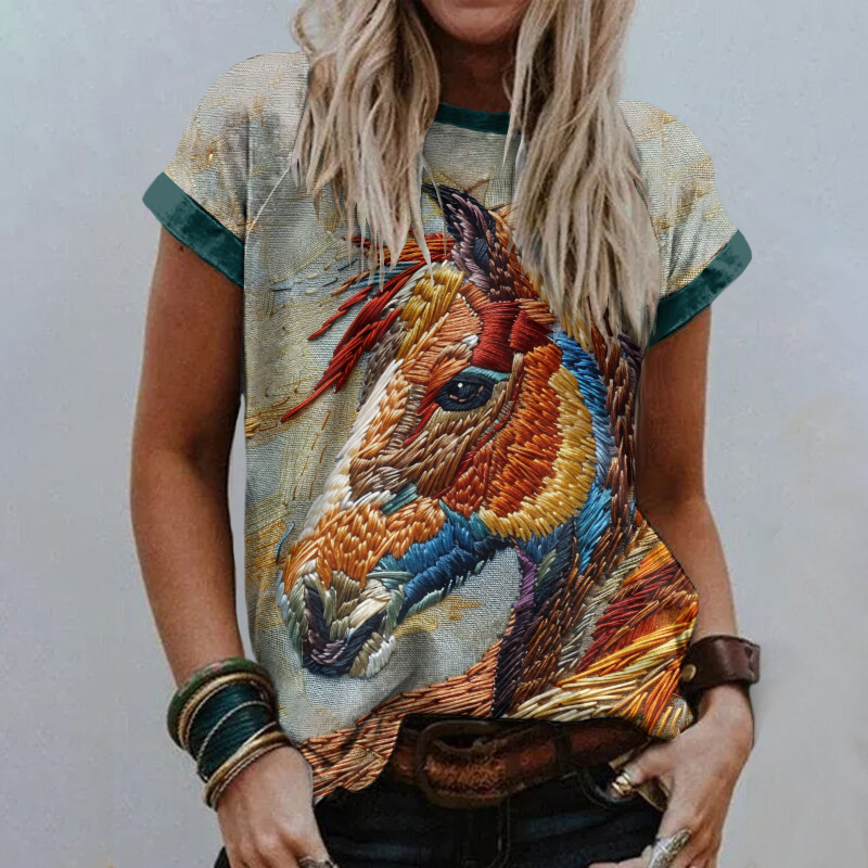  Western Horse Print Round Neck Casual T-Shirt Westsshops