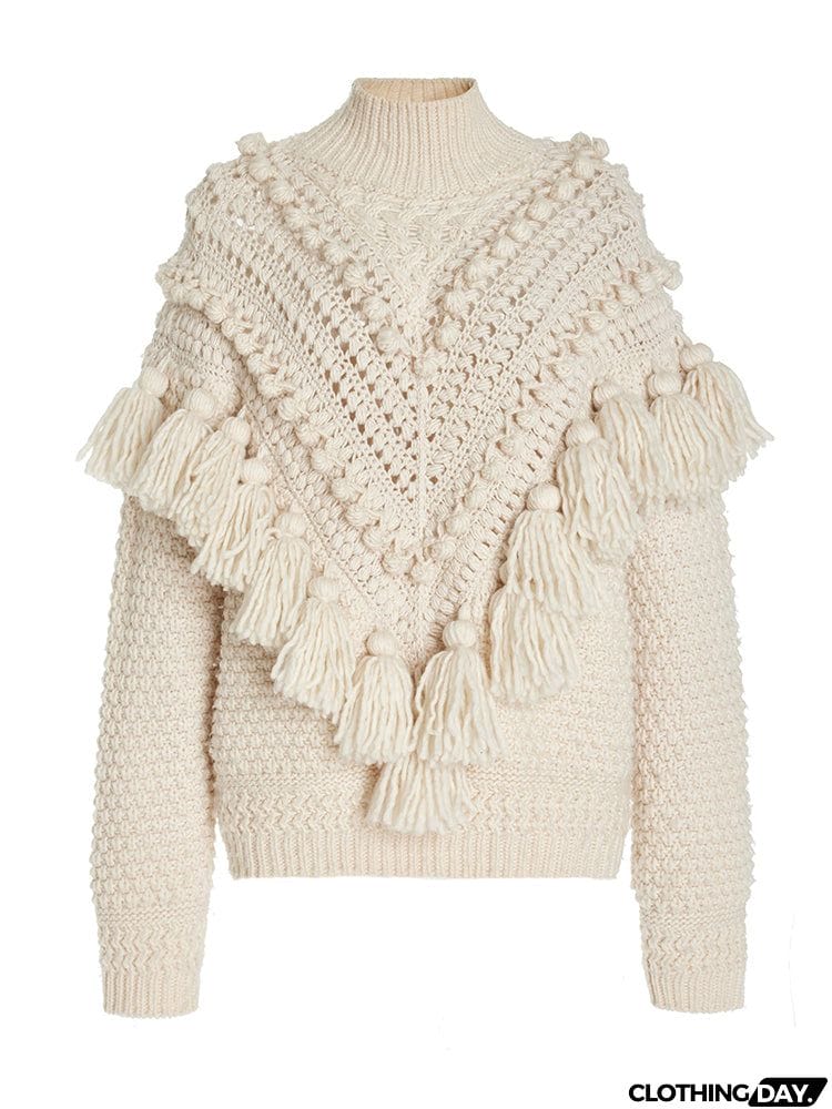 Bohemia Tasseled Crochet Jacquard Round-Neck Sweater Tops