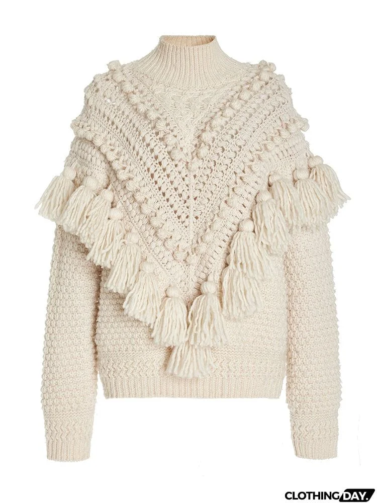 Bohemia Tasseled Crochet Jacquard Round-Neck Sweater Tops