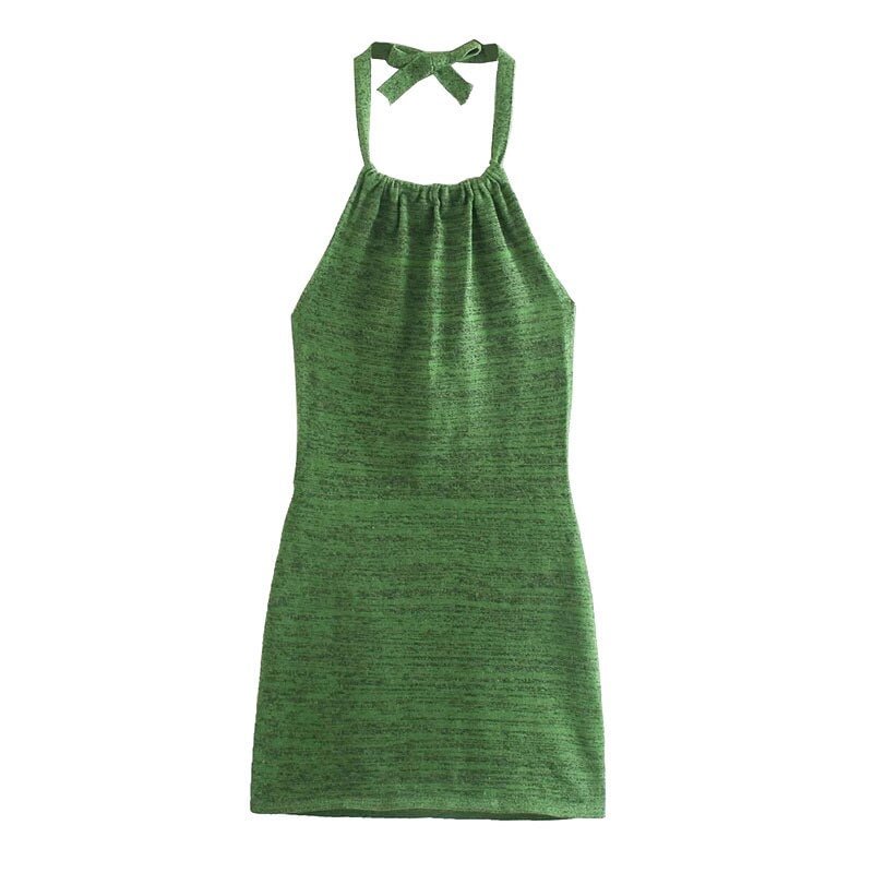 TRAF Women Sexy Fashion Backless Knitted Mini Dress Vintage Halter Collar With Bow Tied Summer Female Dresses Vestidos