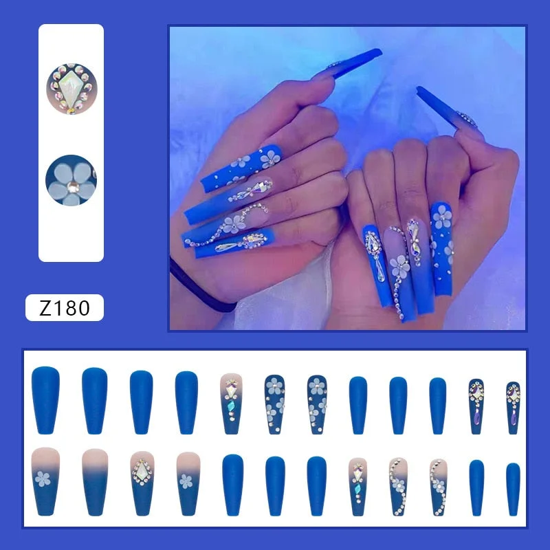 24PCS Shiny Crystals Nail Patch Sweet Style Glue Type Removable Long Paragraph Manicure Save Time False Nail Patch SANA889-Nail Inspo
