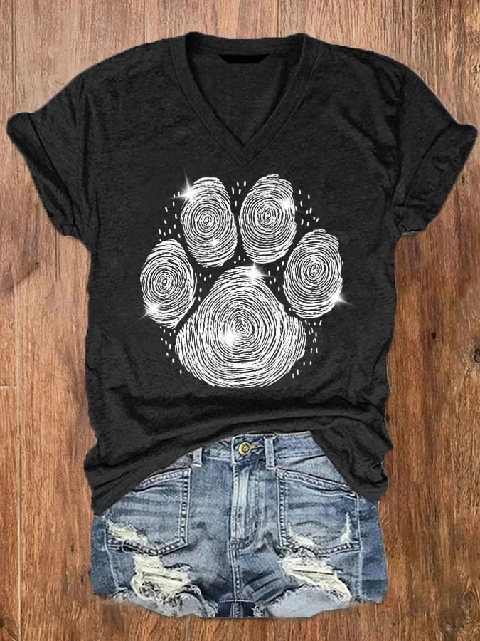 Women's Shiny Dog Paw Graphic V-Neck Tee