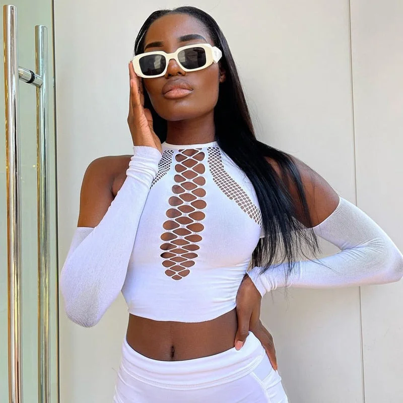 Hugcitar 2021 Long Sleeves Solid Hollow Out Bandage Sexy Crop Top Summer Autumn Women Fashion Outfits Tshirts Club Tees