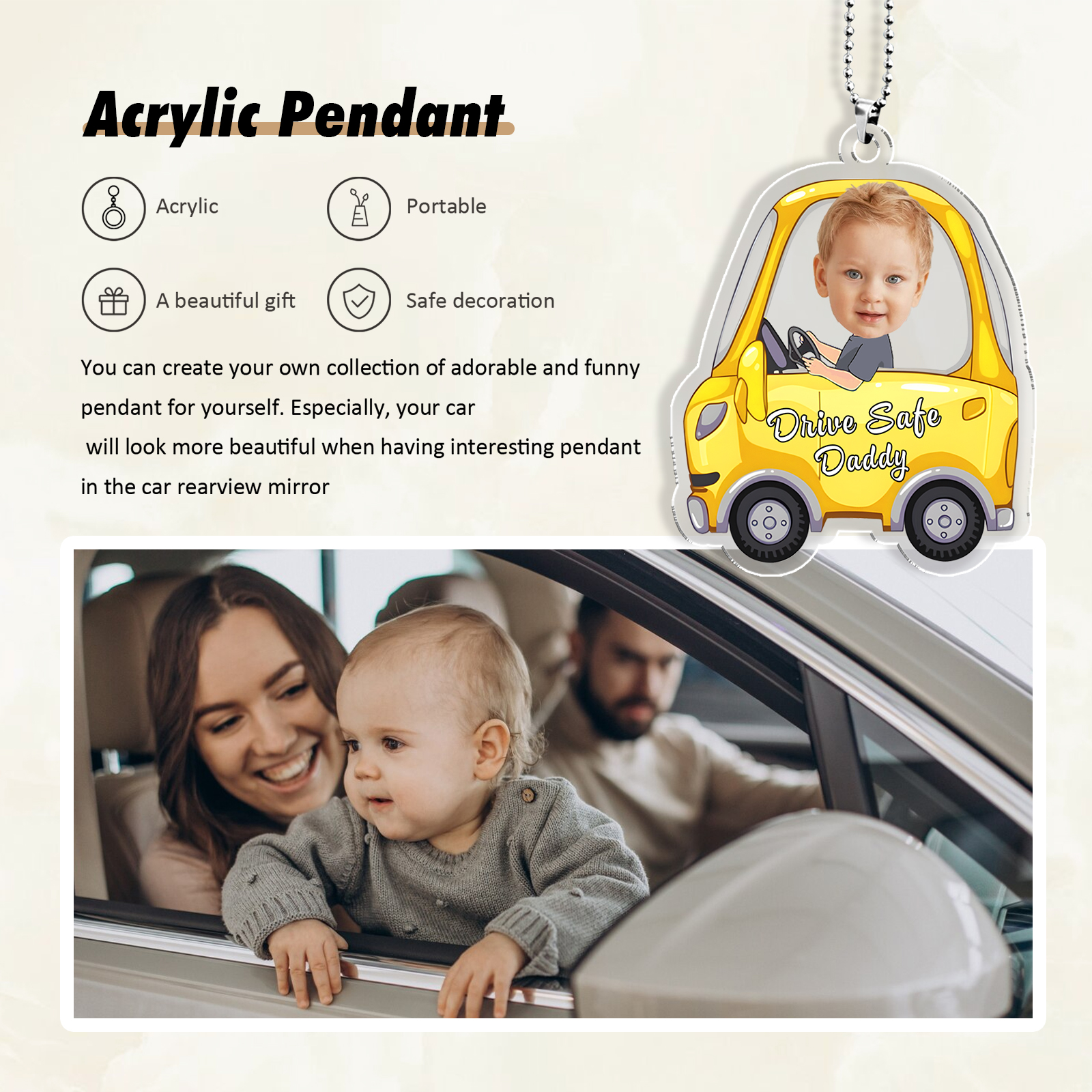 Personalised Yellow Car Acrylic Hanging Ornament Custom Photo & Text & Name Keychain Pedant Gift for Him/Her-Jessemade AU