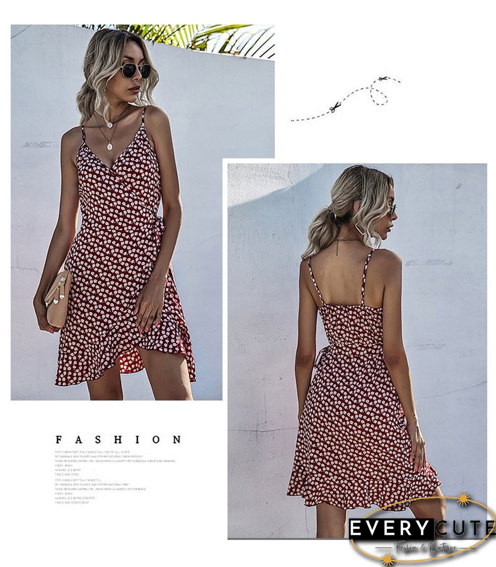 Summer Printing Irregular Ruffled Suspenders Dress Women
